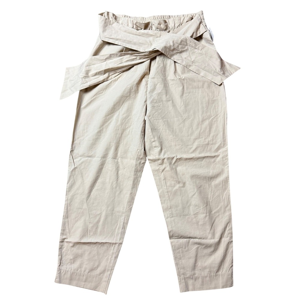 Zara Basic Tan Beige Paperbag Waist Belted Tapered Cropped Pants sz L 3079/201